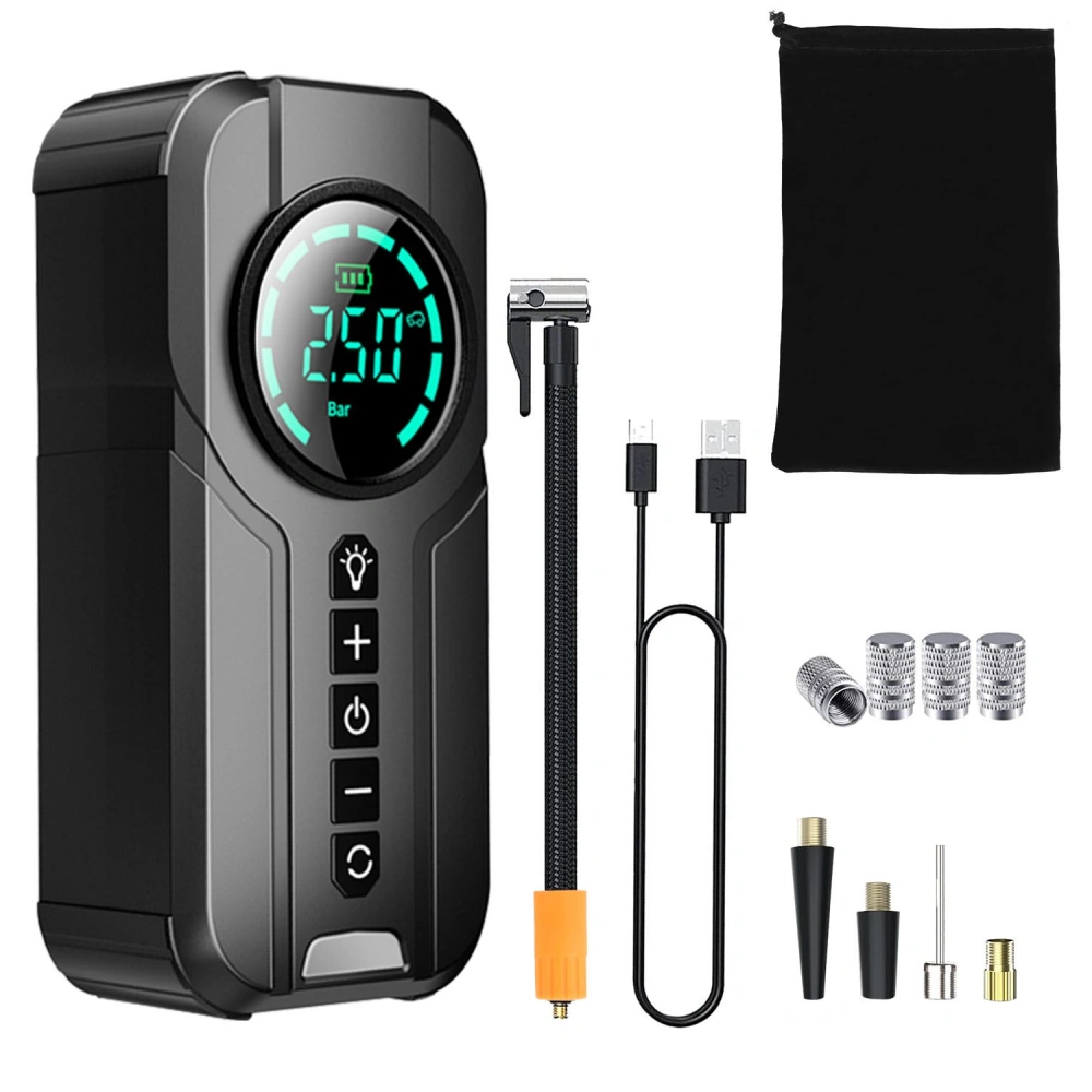 Portable air pump with digital pressure gauge, USB charging cable, nozzle attachments, and carrying pouch.