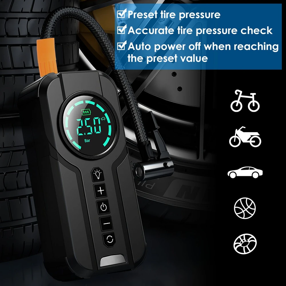 Digital tire inflator with preset pressure settings, clear display showing 2.50 Bar, and versatile nozzle for bikes, motorcycles, cars, and sports equipment, set against a background of vehicle tires.