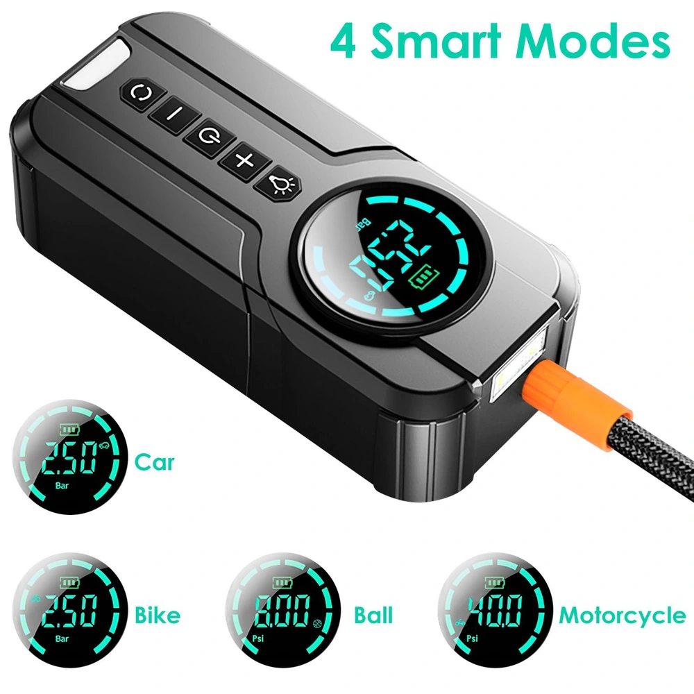 Digital tire inflator with 4 smart modes for car, bike, ball, and motorcycle, featuring a LED display and orange connector hose.
