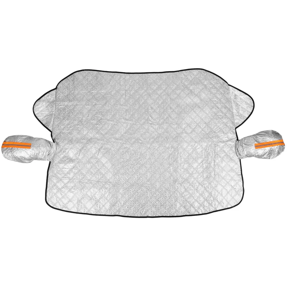 Large silver car windshield sunshade with two rolled-up storage bags, designed to reflect sunlight and reduce interior heat, ideal for summer car protection.