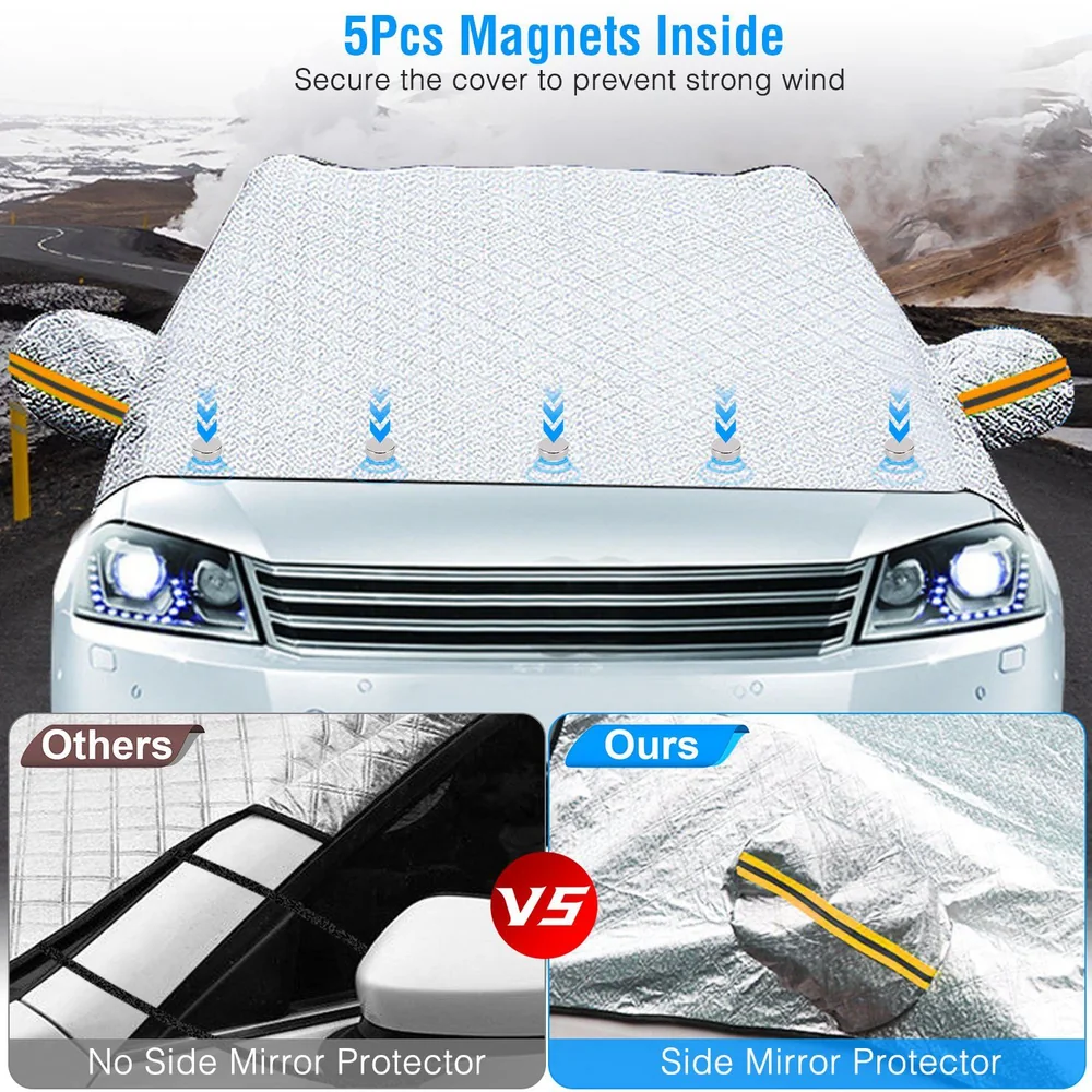 Car windshield cover with 5 magnets and side mirror protections, showcasing comparison with a standard cover, highlighting durability and wind resistance.
