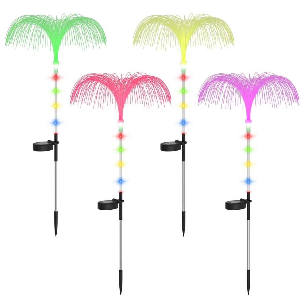 Colorful LED garden light decorations in pink, green, yellow, and purple designs resembling palm trees, featuring glowing fiber optic strands and a sleek black stake for outdoor use.