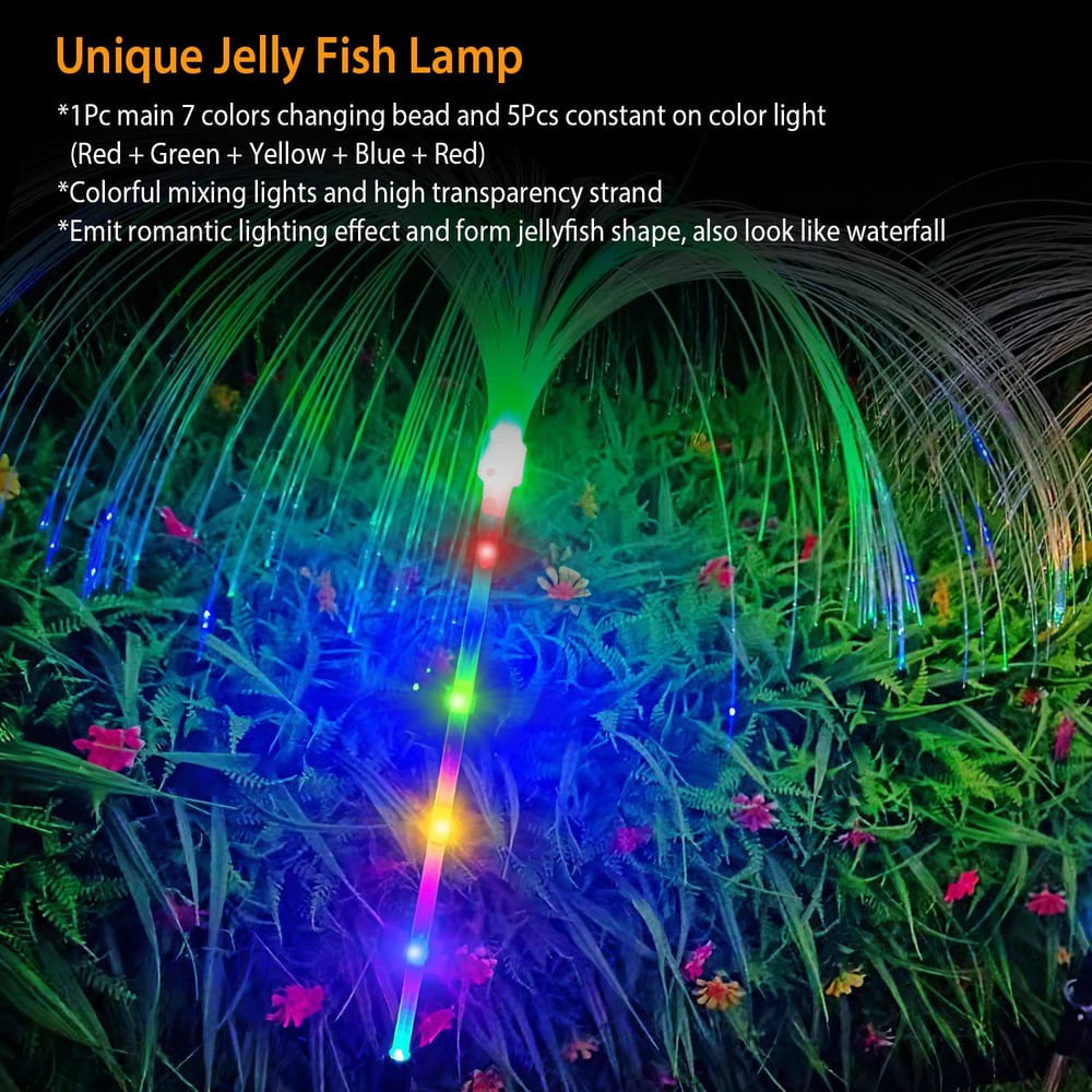Colorful Unique Jelly Fish Lamp with LED lights creating a romantic effect, featuring a jellyfish shape design that resembles a waterfall, set against a backdrop of lush greenery and flowers.