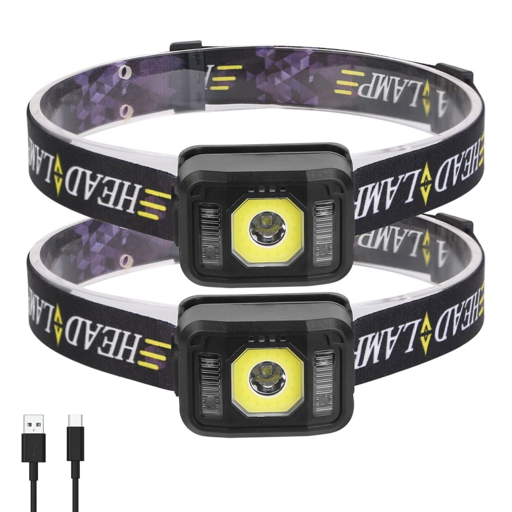 Pair of rechargeable LED headlamps on a black adjustable band, featuring a bright central light and two side lights, perfect for hands-free lighting in camping, hiking, and other outdoor activities.