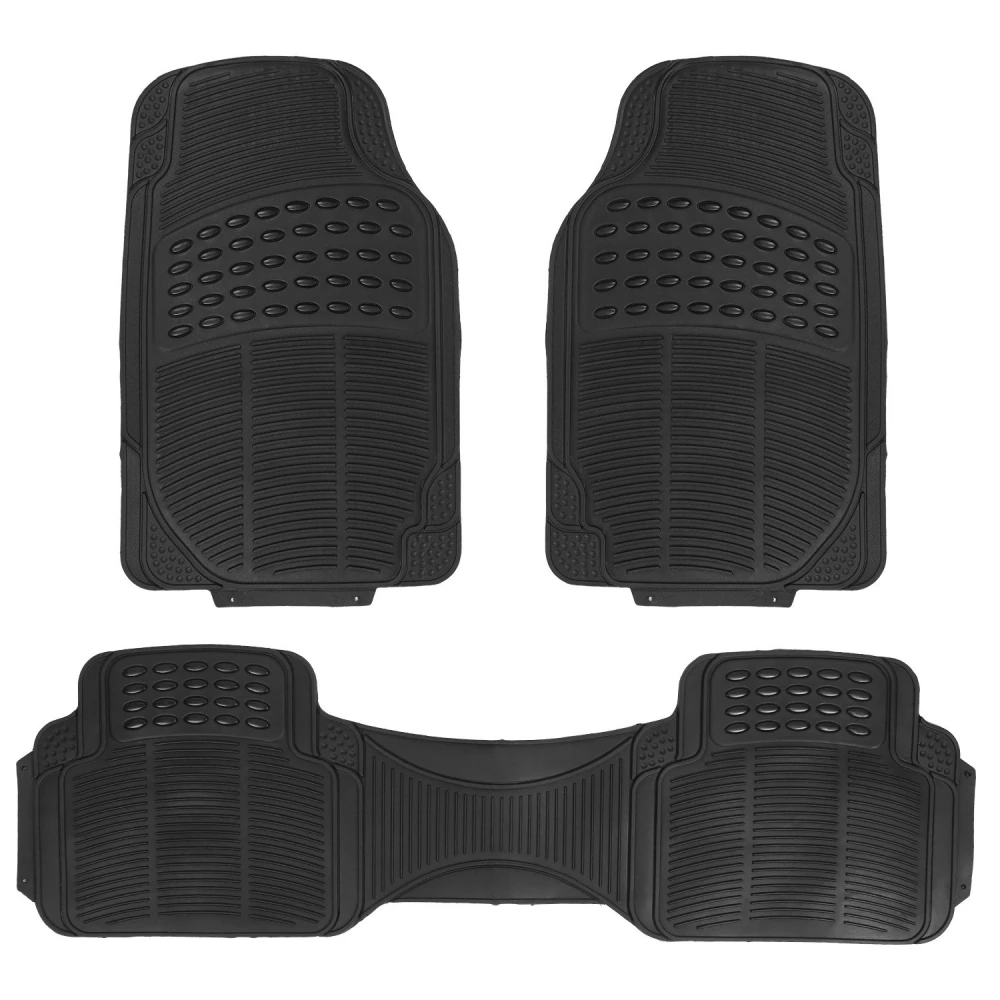 All-weather black rubber floor mats set for cars, featuring durable, anti-slip design with textured surface for optimal grip and easy cleaning.