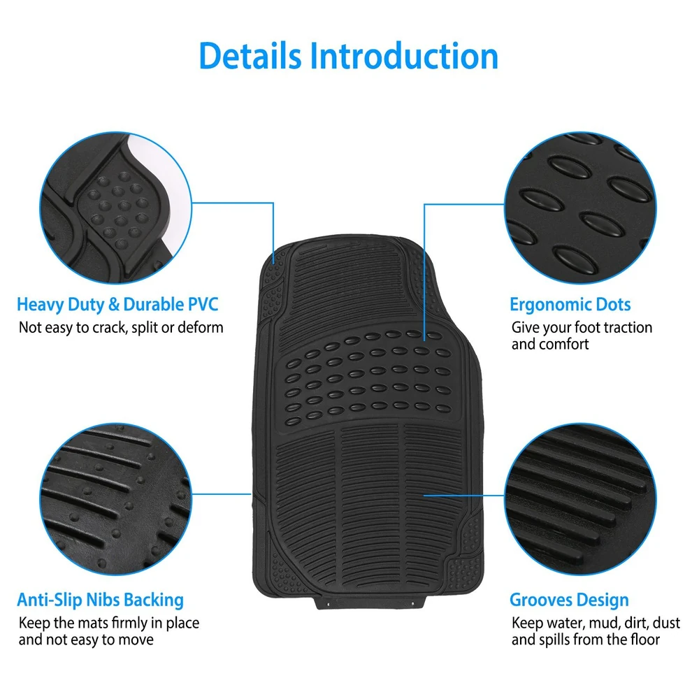 Heavy-duty black PVC car floor mat featuring ergonomic dots for traction, anti-slip nib backing for stability, and grooves designed to trap water and dirt.