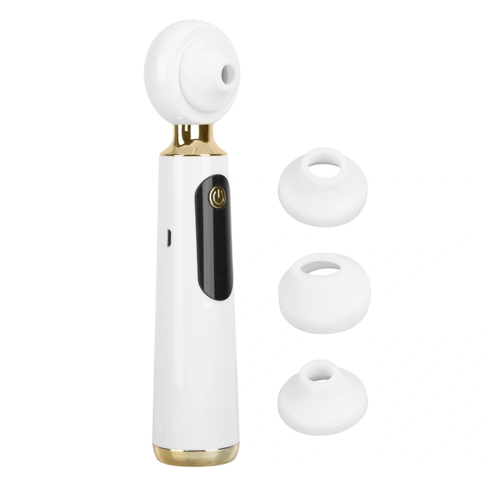 White electric facial cleansing brush with a round head and three interchangeable silicone tips, including a power button and gold accents.