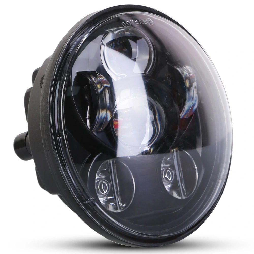 LED motorcycle headlight with round design, featuring three bright bulbs for enhanced visibility and a durable black casing.