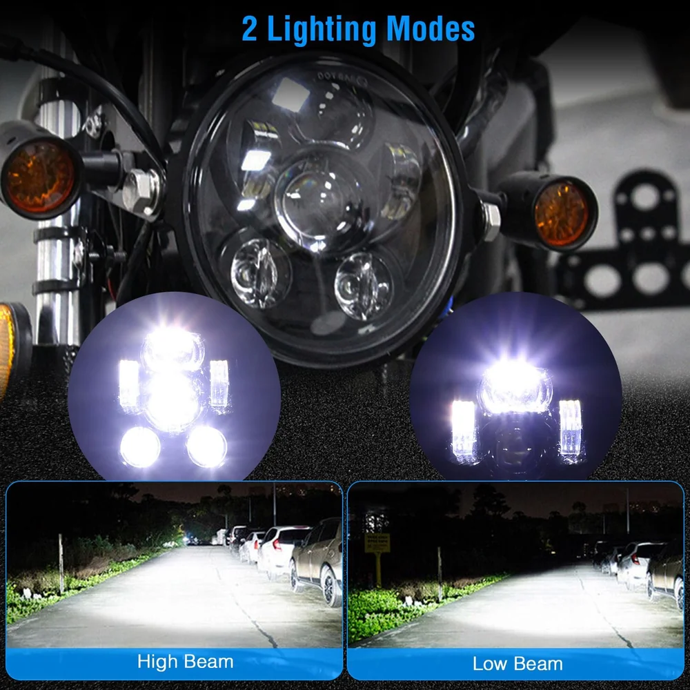 LED motorcycle headlight with 2 lighting modes: high beam and low beam, showcasing illumination comparison on a road.