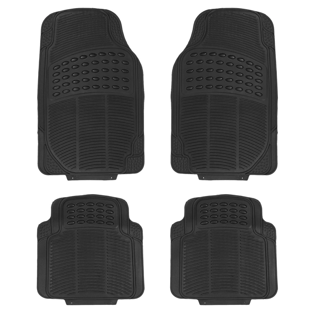 All-weather rubber floor mats set for cars, featuring a textured grip surface for enhanced safety and durability, designed to fit front and rear vehicle flooring.