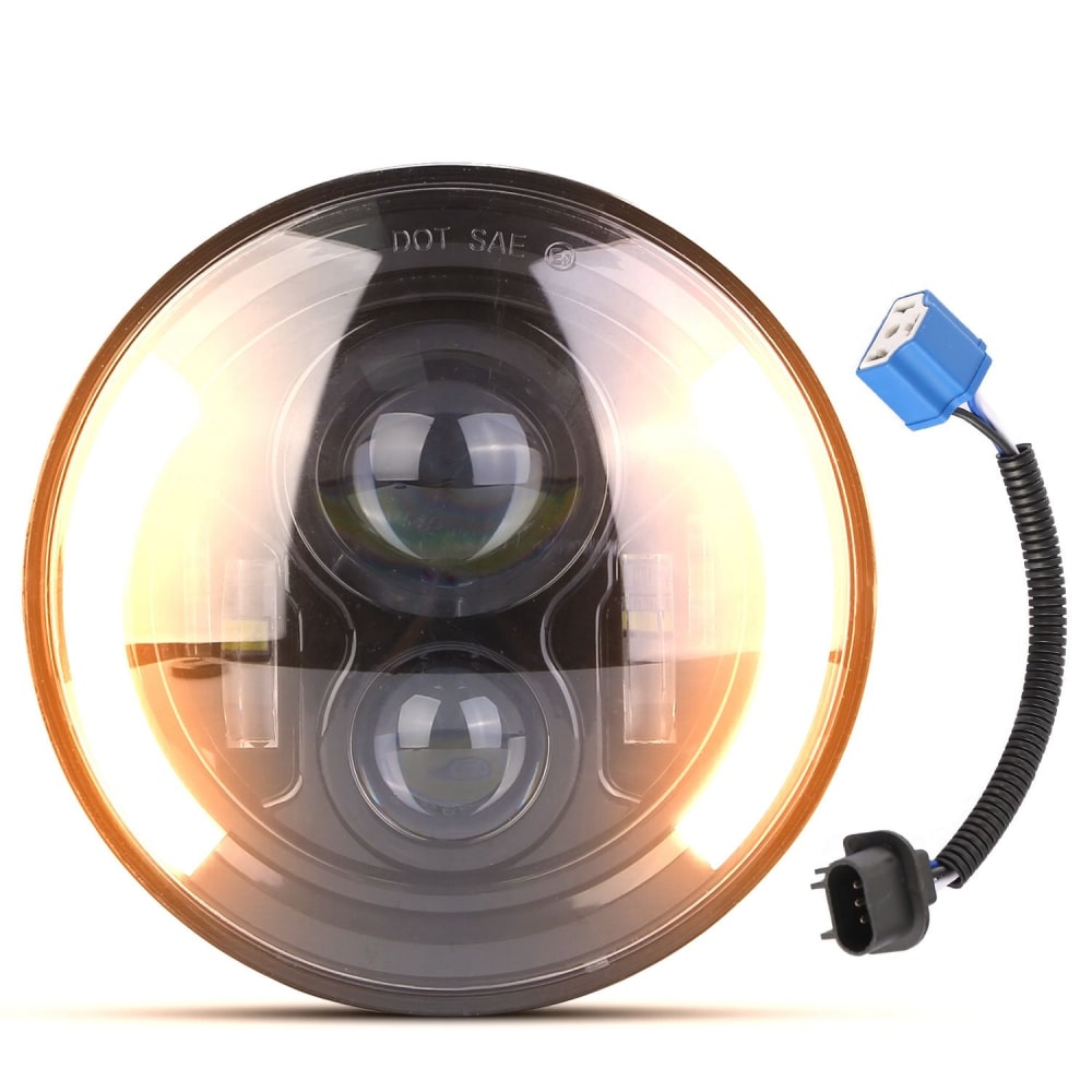 LED projector headlight with dual lenses, clear glass cover, and blue connector cable for enhanced visibility and style.