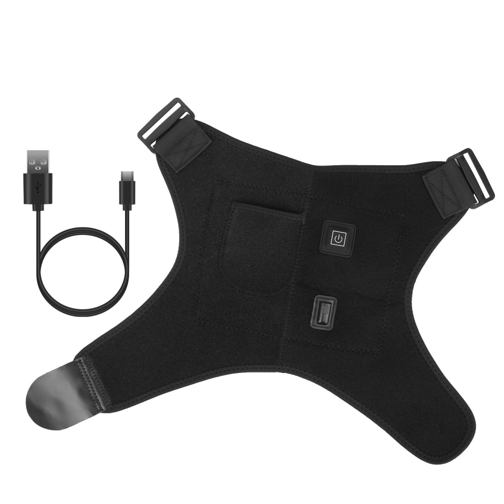 Black heated therapeutic wrap with adjustable straps, control buttons, and USB charging cable, designed for pain relief and muscle relaxation.