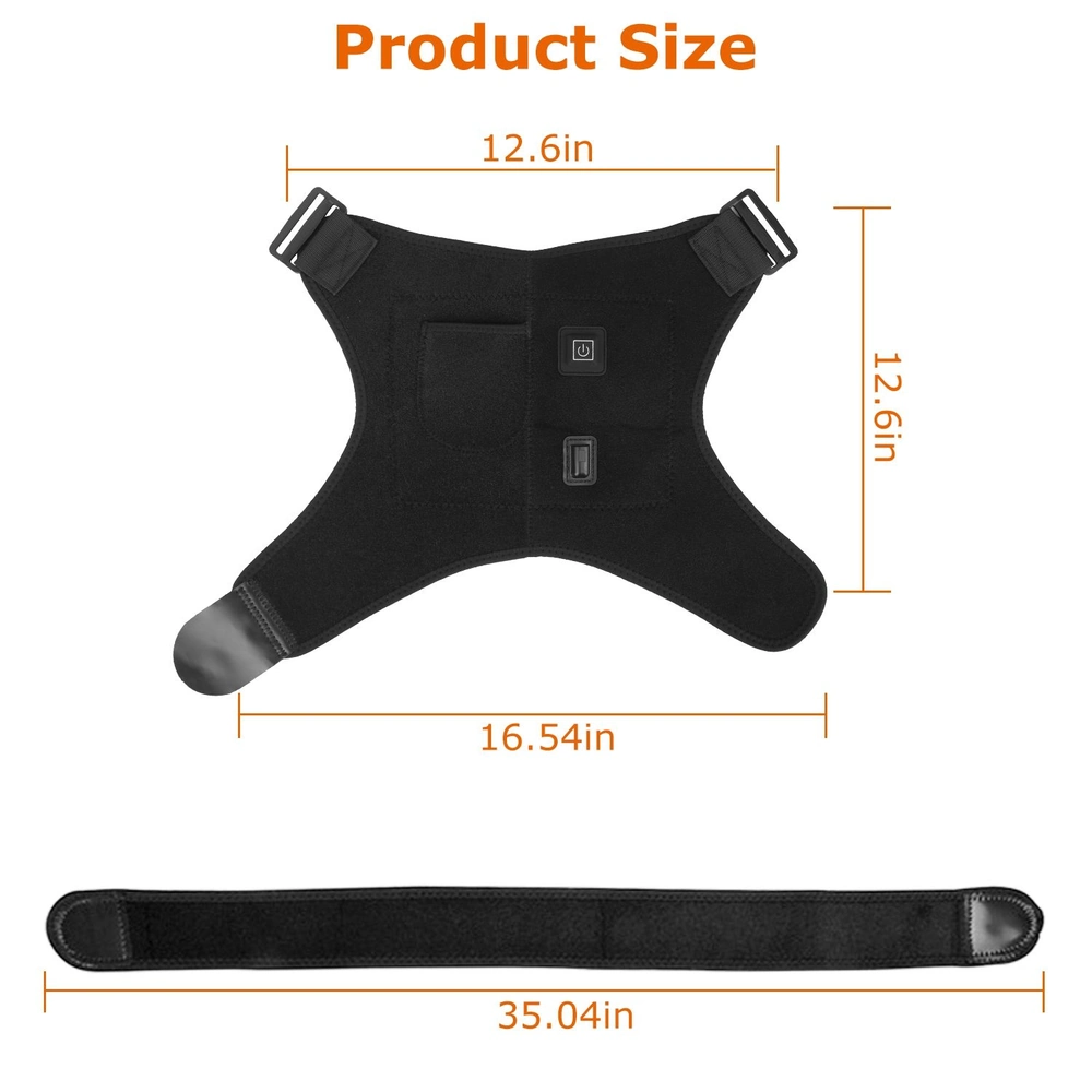 Black adjustable support brace with measurement dimensions displayed, featuring pockets for controls.