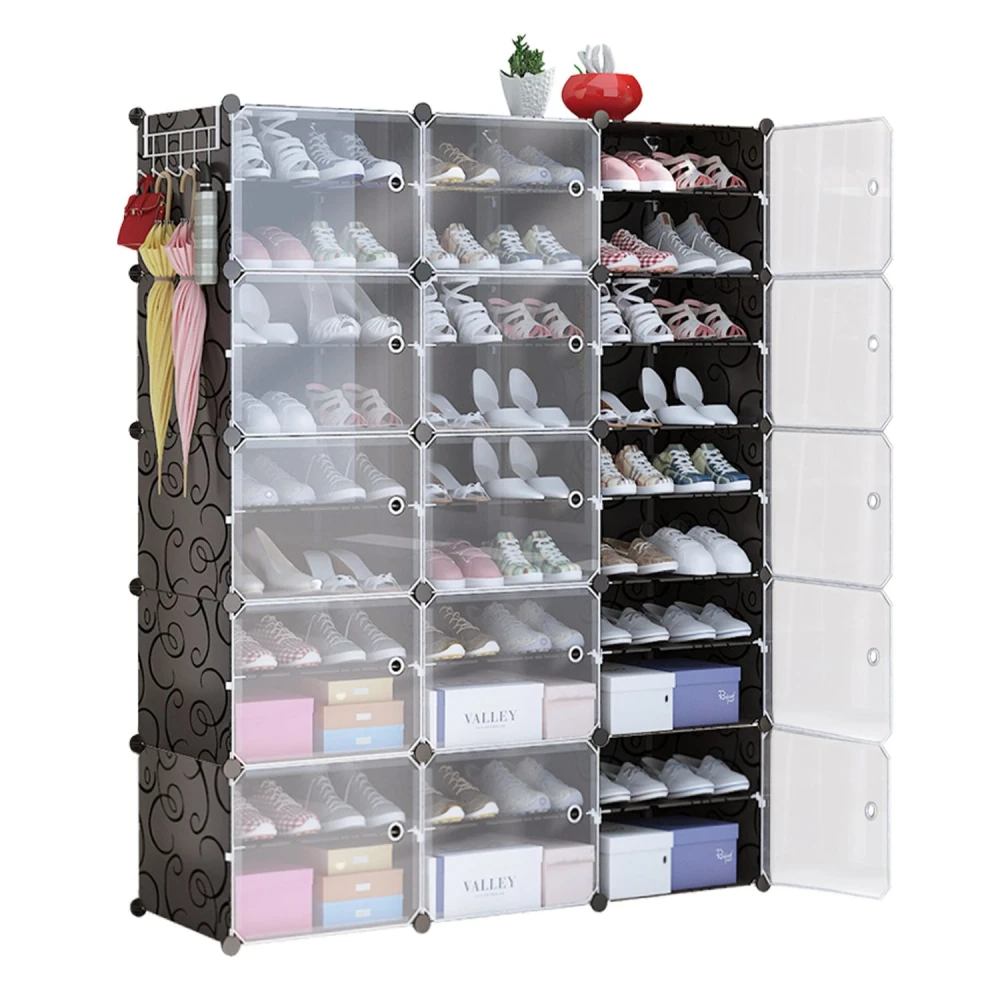 Shoe storage organizer with transparent compartments, showcasing various stylish shoes, arranged neatly with additional space for boxes, umbrellas, and decorative items.