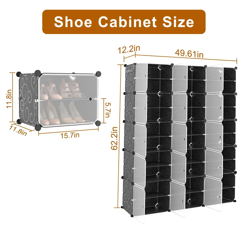 Shoe cabinet size illustration showing measurements and design, featuring a transparent door and multiple compartments for organized shoe storage.