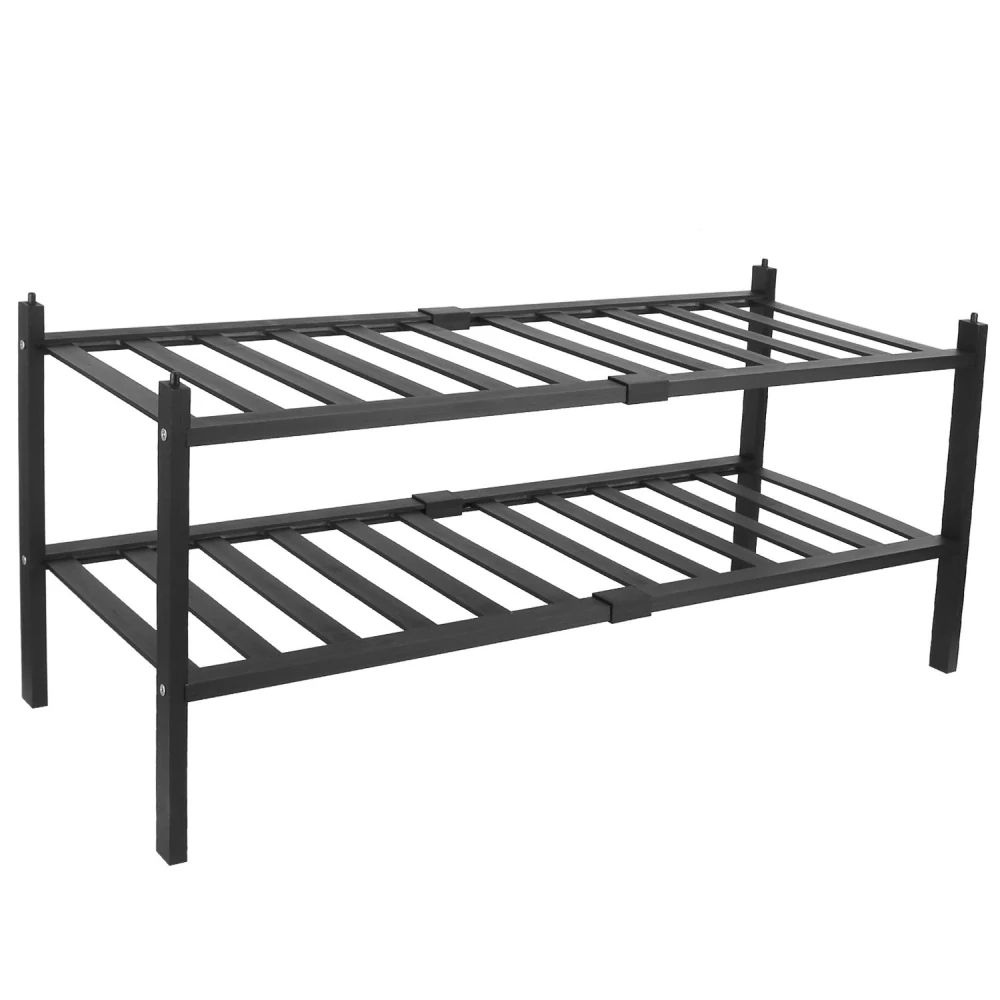 Sturdy black metal storage shelf with two open slatted tiers, ideal for organizing and maximizing space in homes or offices.
