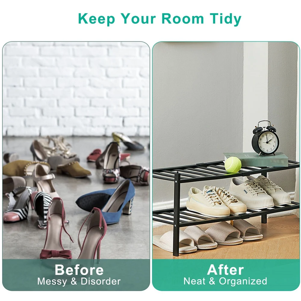 Image comparing a messy shoe arrangement on the left with disorganized footwear scattered on the floor, and a tidy, organized shoe rack on the right displaying neatly arranged shoes alongside a clock and decorative items.