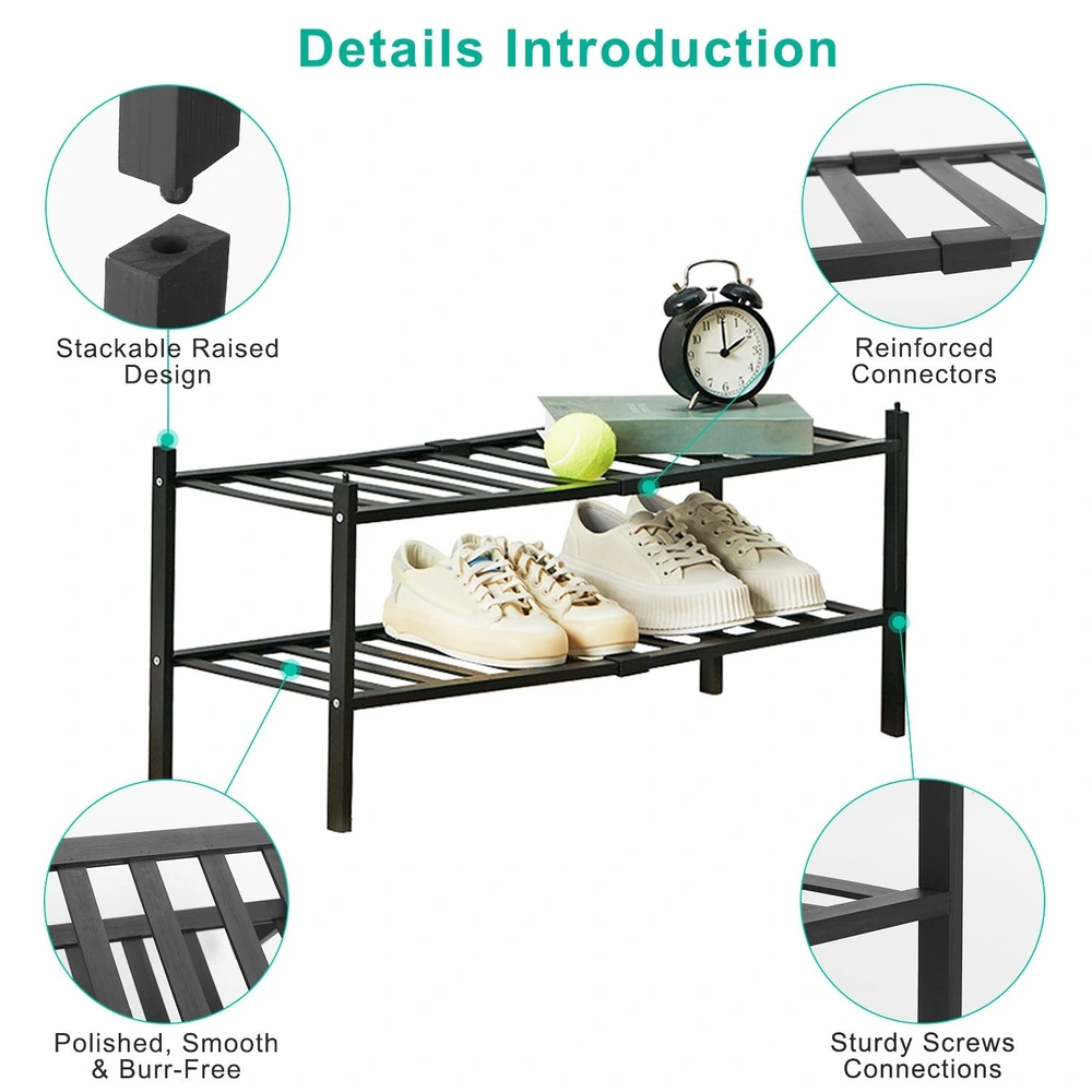 Black shoe rack with a stackable raised design, featuring reinforced connectors, polished surfaces, and sturdy screw connections, displaying stylish sneakers alongside a clock and a tennis ball.