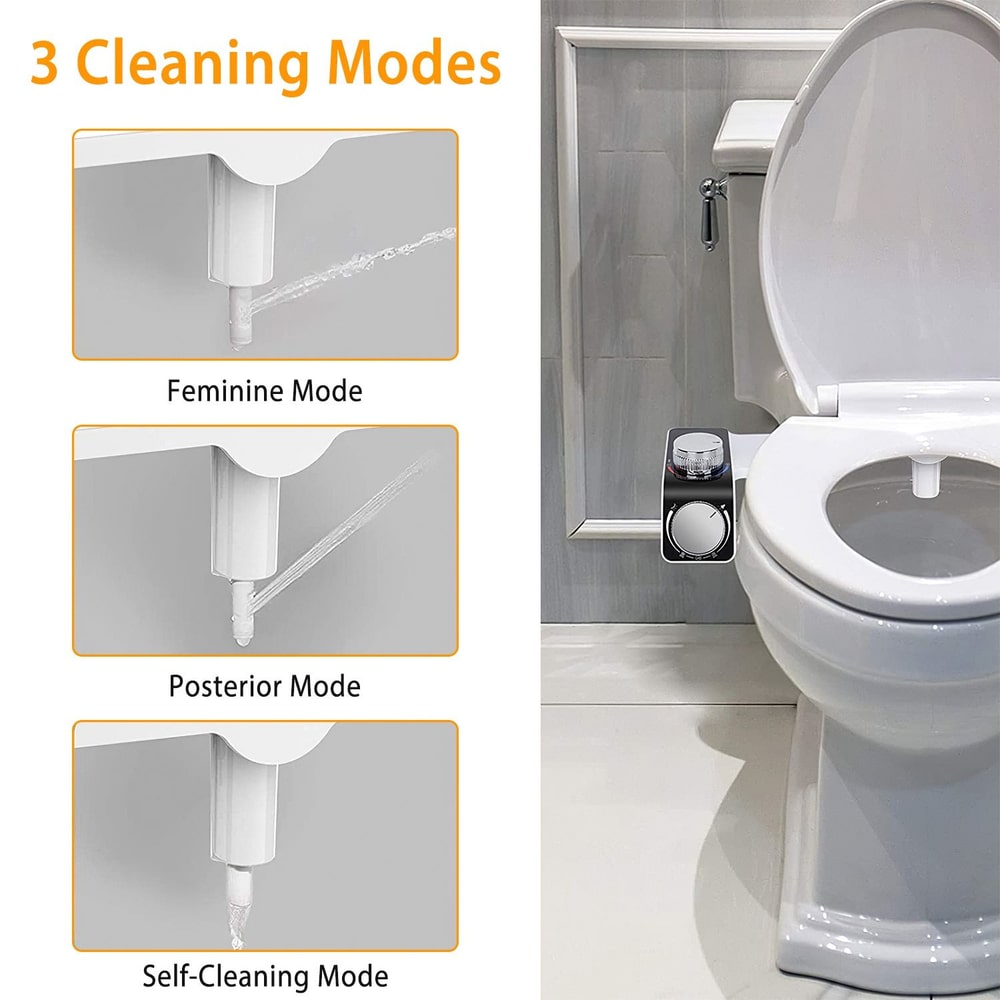 Image showing a toilet bidet attachment with three cleaning modes labeled: Feminine Mode, Posterior Mode, and Self-Cleaning Mode, highlighted on the left side with water spray illustrations, alongside a sleek control panel on the right side, demonstrating its user-friendly features.