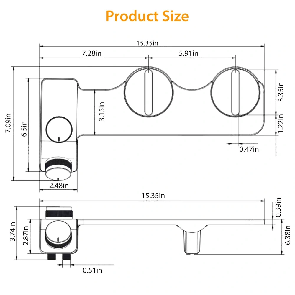 Diagram showing product size details, including dimensions in inches for a multi-functional tool with measurement points highlighted for enhanced visualization and usability.