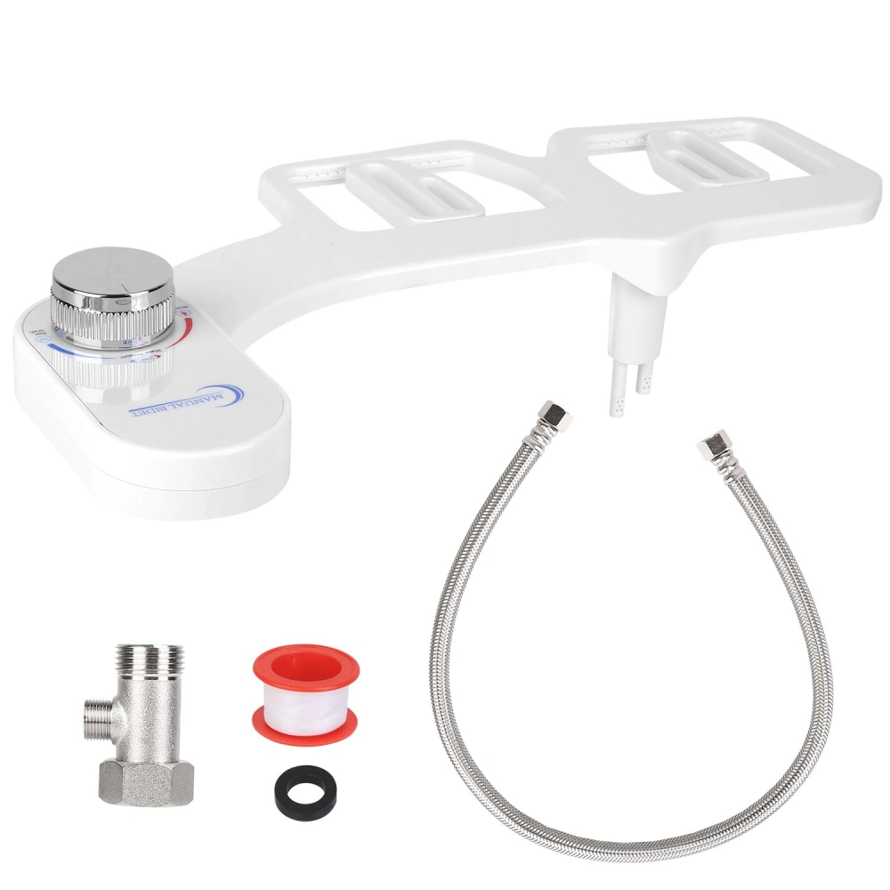 White bidet attachment with adjustable temperature control knob, stainless steel hoses, and installation accessories including a connector and Teflon tape, designed to enhance bathroom hygiene and comfort.