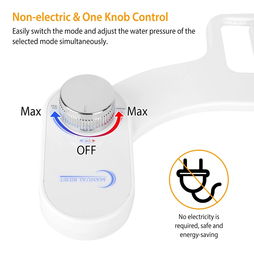 Non-electric bidet control panel with a single knob for adjusting water pressure and mode, featuring clear labels for 'Max' and 'Off', showcasing energy-saving design with no electricity required.