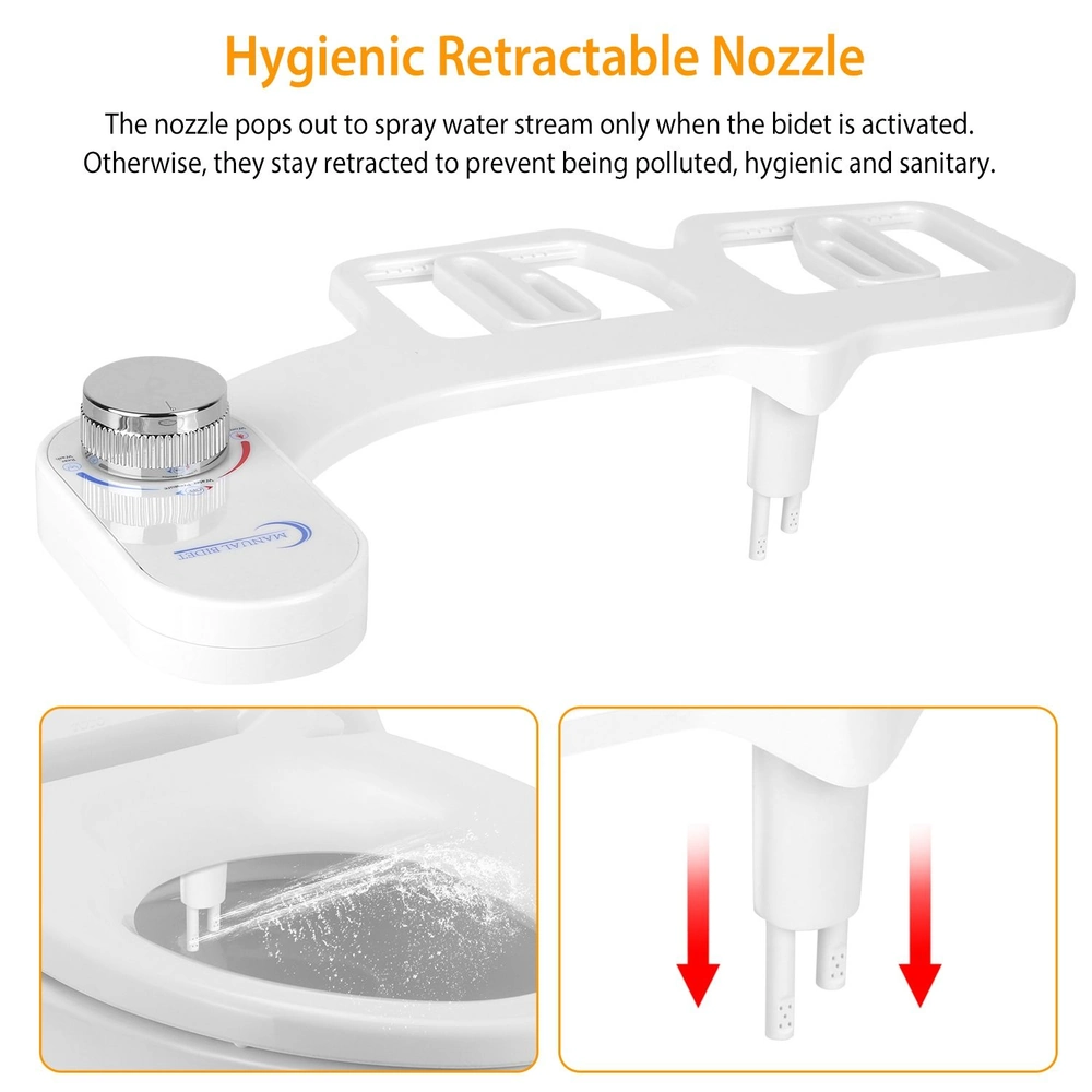 Hygienic retractable bidet nozzle with control dial, demonstrating water spray action and retraction for enhanced cleanliness and sanitation.