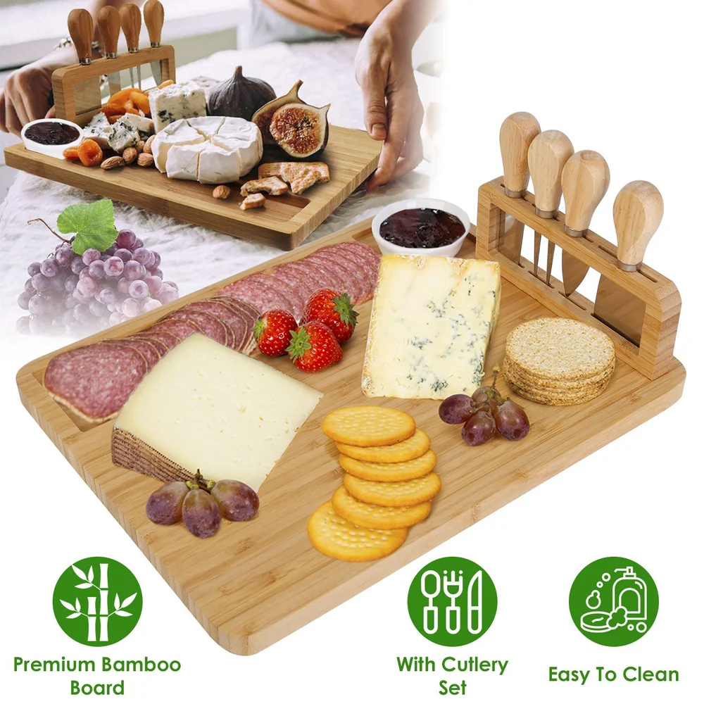 Bamboo cheese board set featuring assorted cheeses, salami, fresh strawberries, crackers, and cutlery tools, ideal for entertaining and easy to clean.