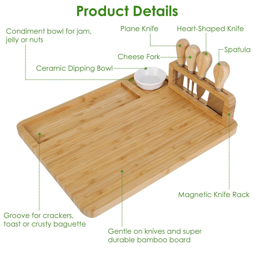 Bamboo cheese board set featuring a condiment bowl for jams, cheeses, and dipping, equipped with a magnetic knife rack and utensils including a plane knife, heart-shaped knife, cheese fork, and spatula, ideal for entertaining and serving appetizers.