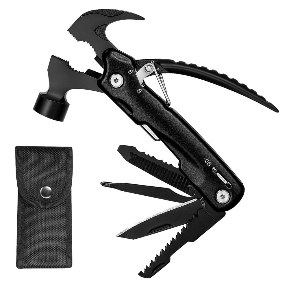 Multi-tool hammer with pliers, knife, and saw, featuring a sleek black design and a compact carrying case.