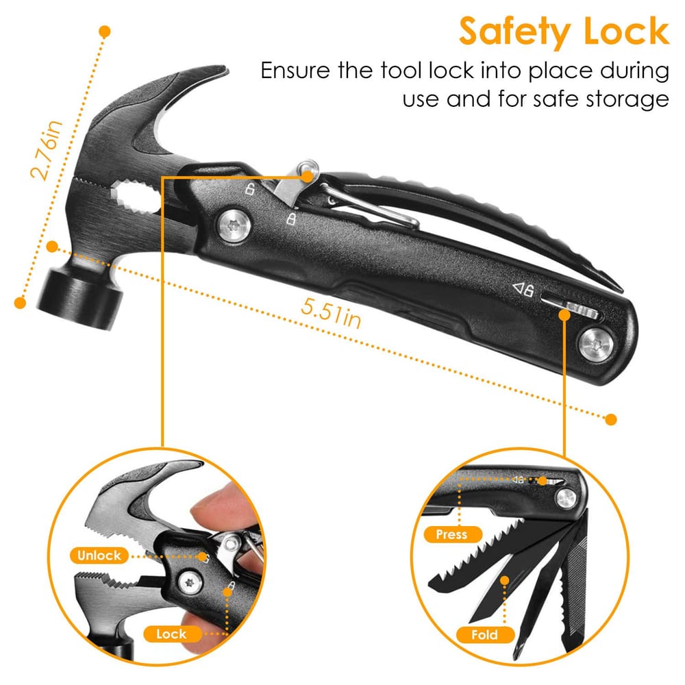Multi-functional hammer tool with safety lock feature, measuring 5.51 inches in length and 2.76 inches in height, ideal for secure storage and versatile use.