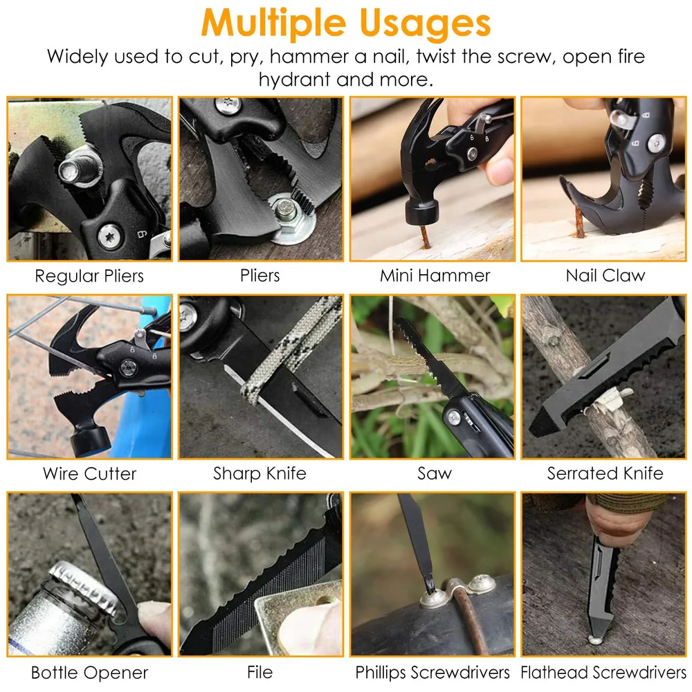 Image showcasing a versatile multi-tool with various functions including pliers, mini hammer, wire cutter, sharp knife, saw, bottle opener, and screwdrivers, demonstrating its multiple usages for cutting, prying, hammering, and more.