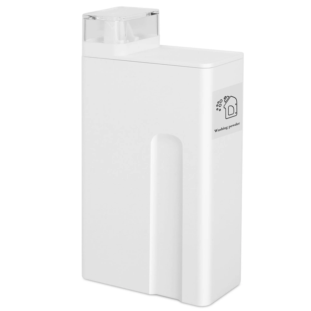 White laundry detergent dispenser with a transparent lid and washing powder icon on the side, designed for easy access and storage of powdered detergent.