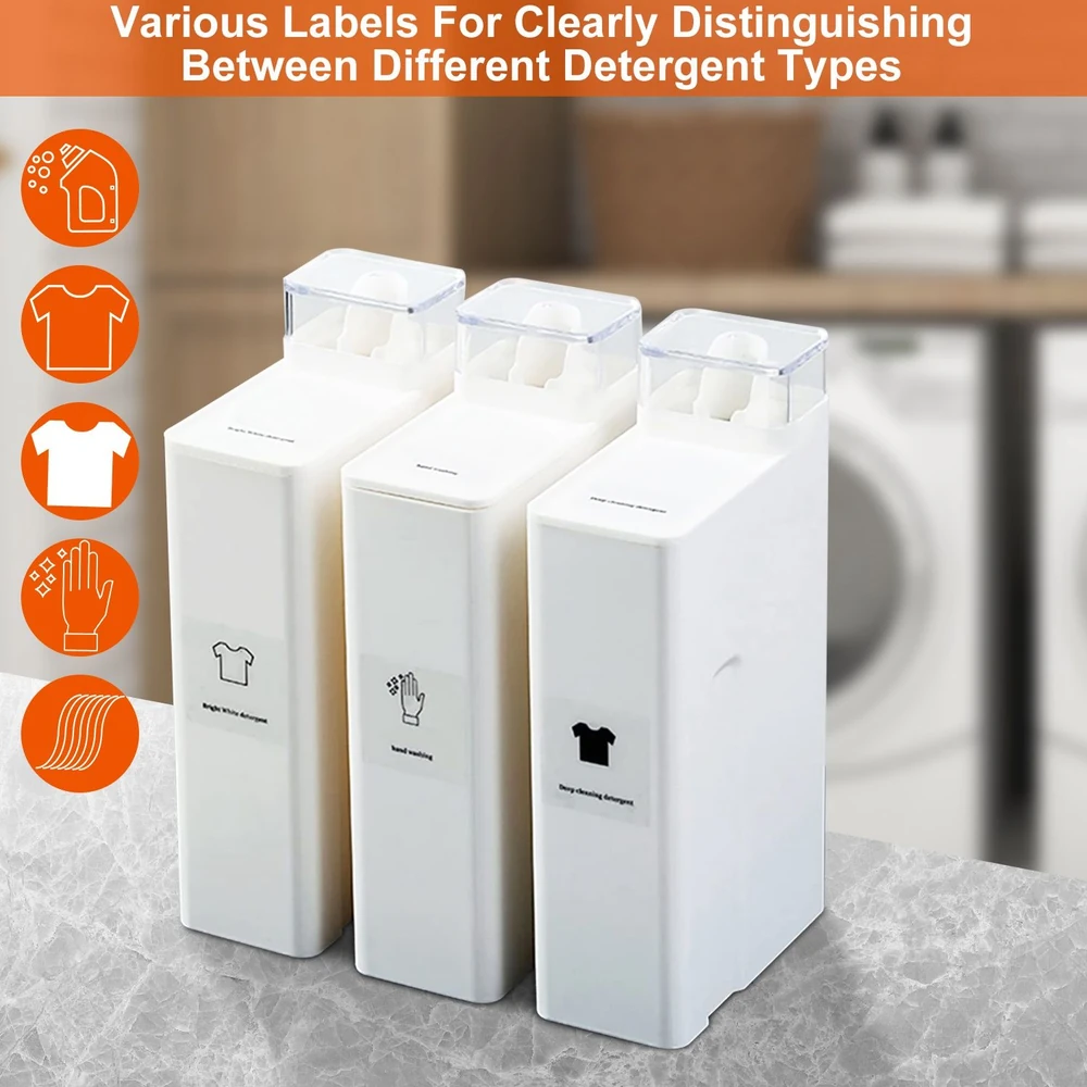 Three white laundry detergent dispensers with clear tops, each labeled for different detergent types: bright whites, hand washing, and deep cleaning, set against a kitchen background.