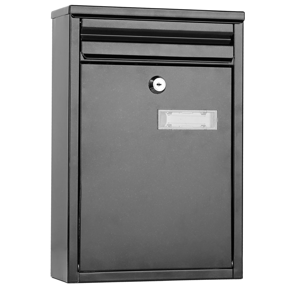 Black metal wall-mounted mailbox with a secure key lock and a mail slot, featuring a transparent window for label display.