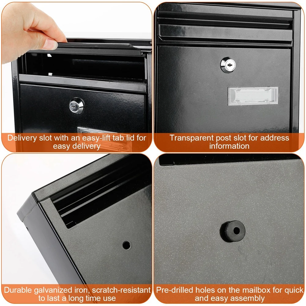 Black mailbox featuring an easy-lift delivery slot, transparent address slot, durable galvanized iron construction, and pre-drilled holes for easy assembly.