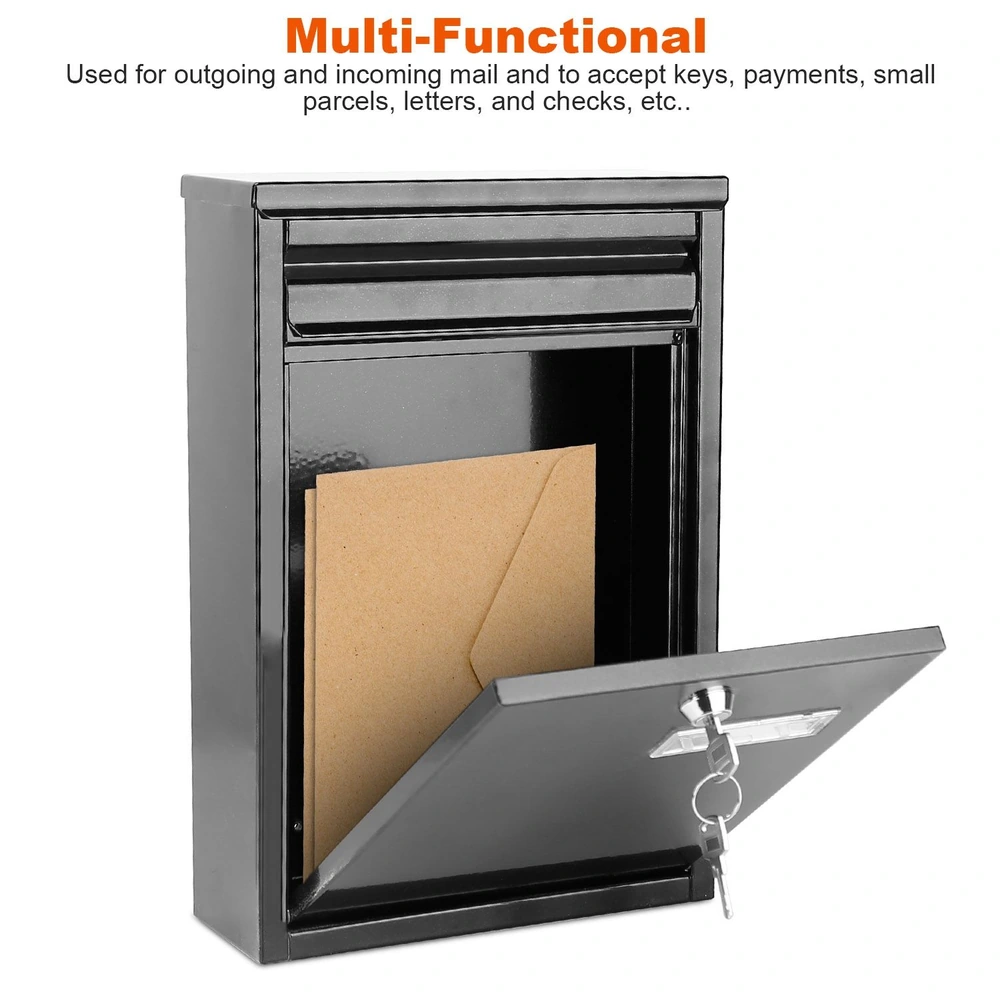 Black multifunctional mailbox with a top slot for outgoing mail and a front access door for incoming letters and small parcels, featuring a key lock for security.