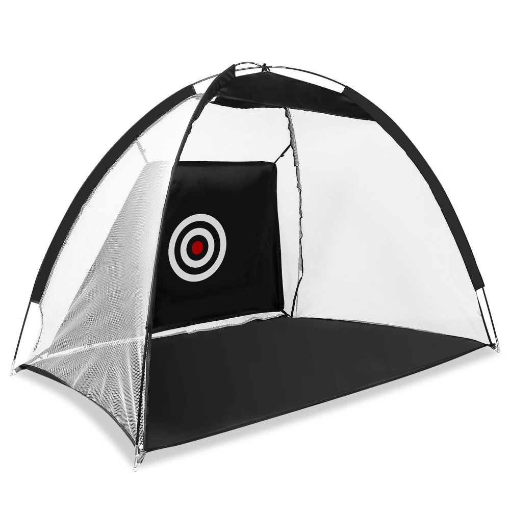 Indoor practice tent with mesh sides and a target logo for archery training in black and white.