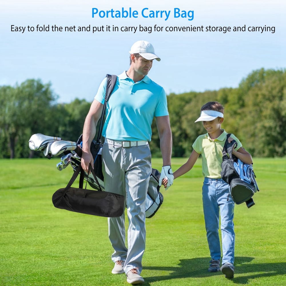 Portable carry bag for easy storage and transport, shown being carried by an adult and a child on a golf course.