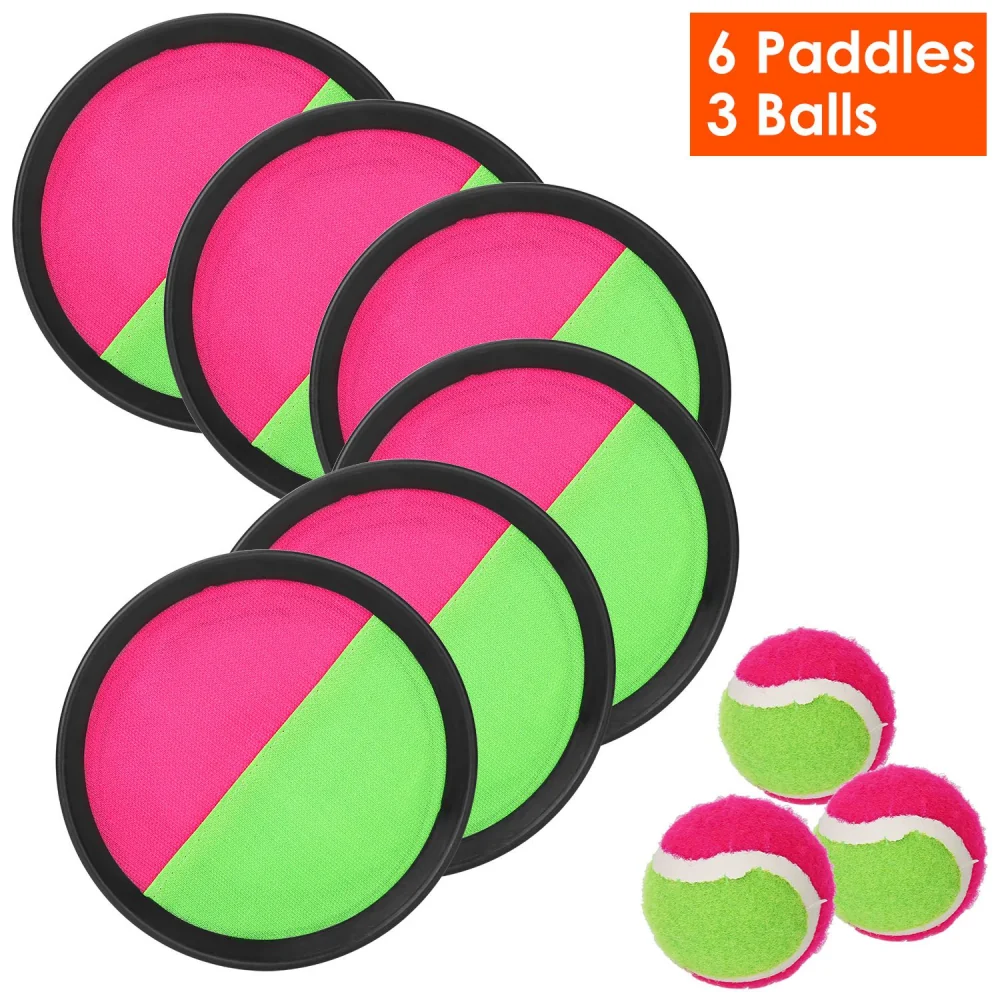 Set of 6 colorful paddle catchers in pink and green with 3 matching tennis balls, ideal for outdoor play and games.