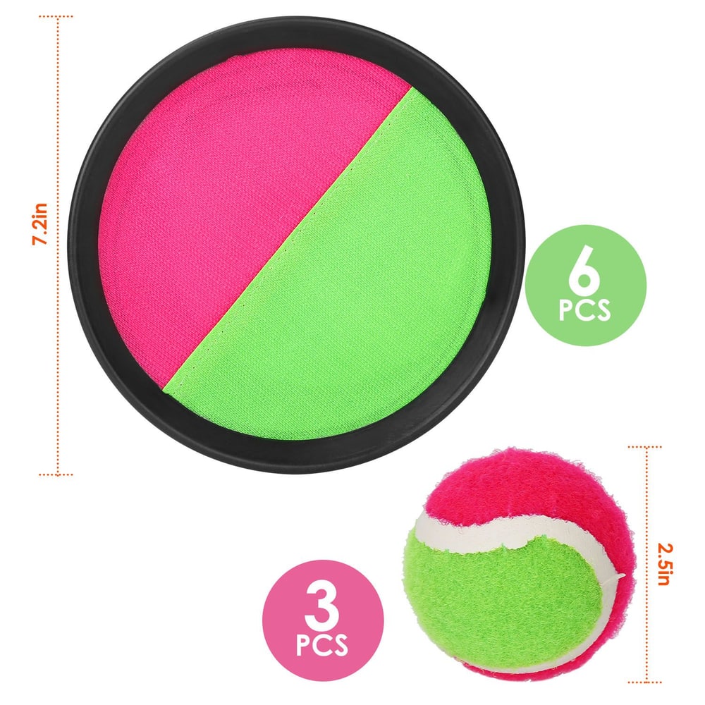 Colorful dog toy set featuring a pink and green frisbee (7.2 inches) and three vibrant tennis balls (2.5 inches), designed for playful outdoor fun with pets.