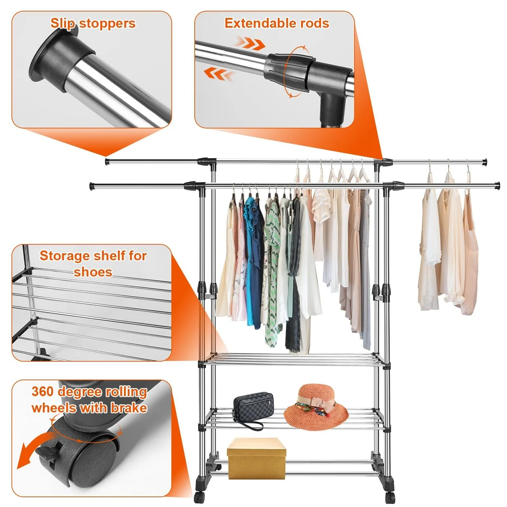 Multi-functional clothing rack with extendable rods, slip stoppers, shoe storage shelf, and 360-degree rolling wheels with brake, featuring hanging garments and accessories.