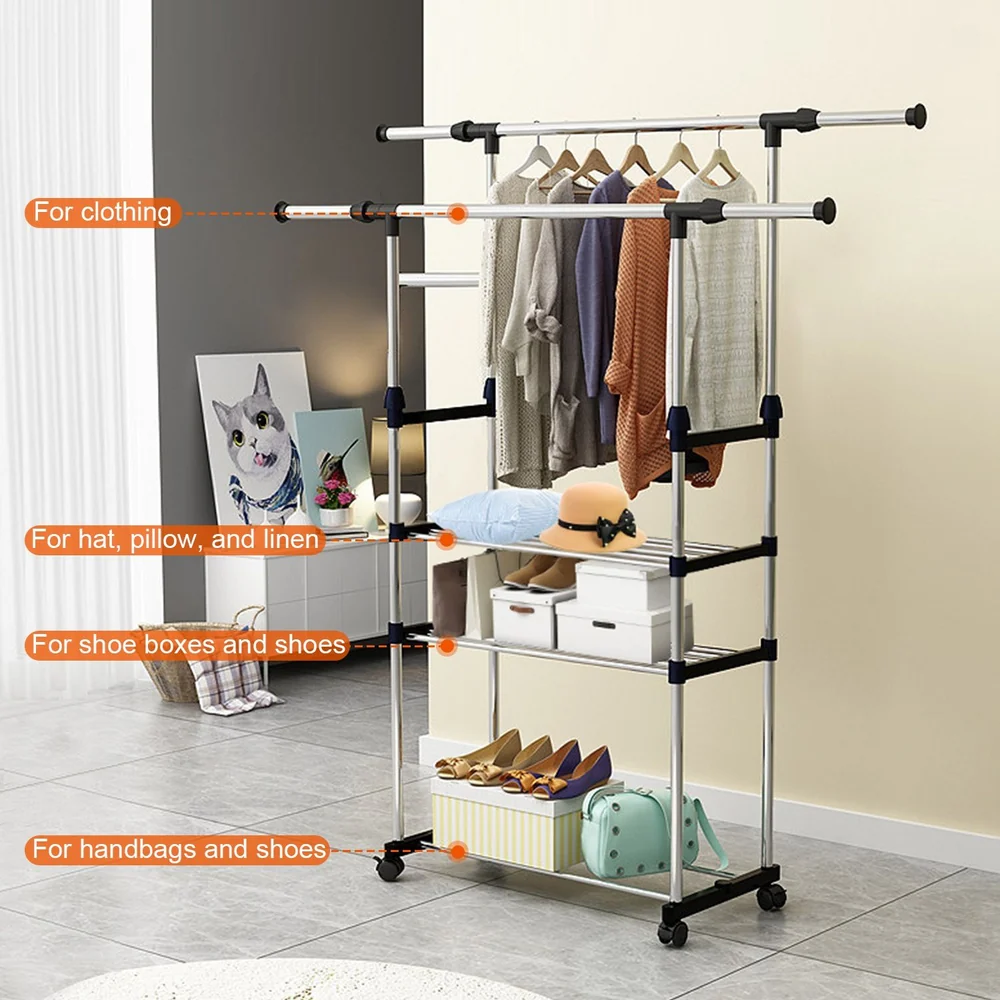 Adjustable multi-tier clothing rack with various storage options for clothing, hats, linens, shoe boxes, and handbags, placed in a stylish indoor setting.