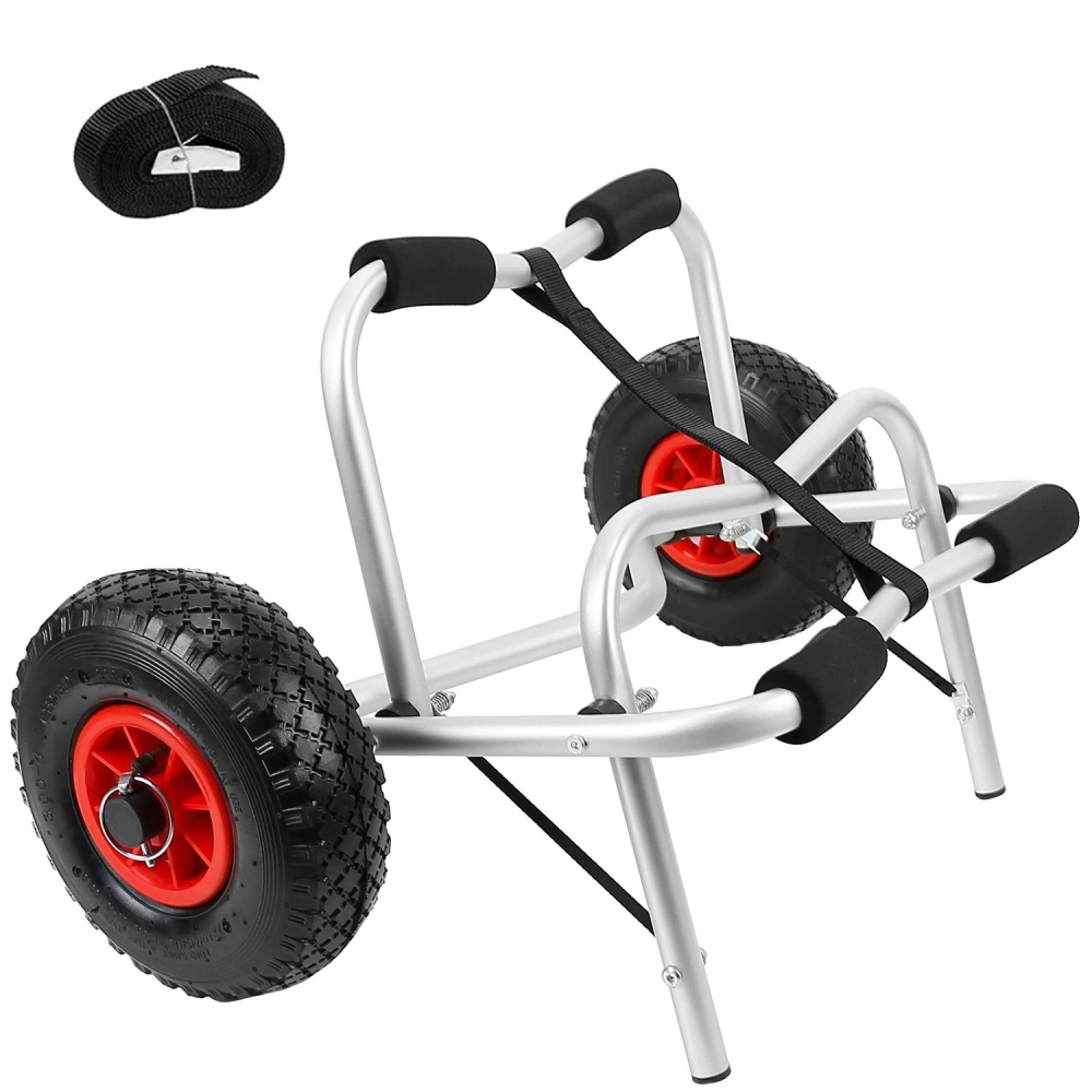 Heavy-duty beach cart with large all-terrain wheels and padded handles, featuring a durable aluminum frame and included strap for secure transport.