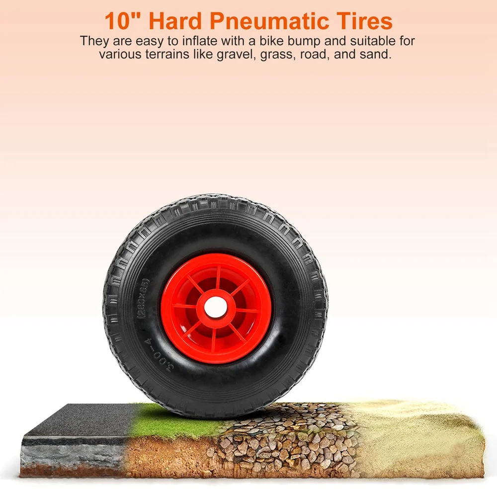 High-performance 10-inch hard pneumatic tire with a red hub, designed for versatile use on various terrains including gravel, grass, road, and sand.