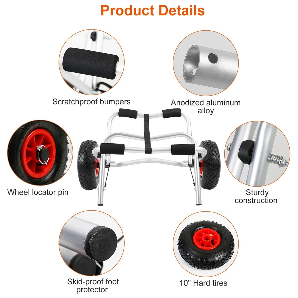 Product image showcasing a durable beach cart with key features including scratchproof bumpers, anodized aluminum alloy body, sturdy construction, wheel locator pin, skid-proof foot protector, and 10-inch hard tires.