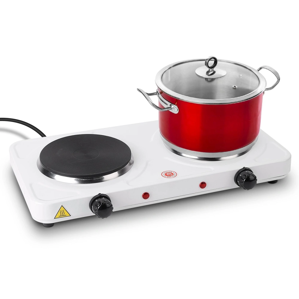 Electric double burner with a black heating element and a red pot on top, ideal for cooking and food preparation.