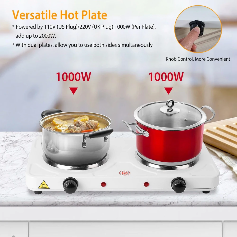 Versatile dual plate hot plate displaying a silver pot with stew on the left and a red pot with a lid on the right, featuring a knob control for adjustable heat settings, placed on a marble countertop.