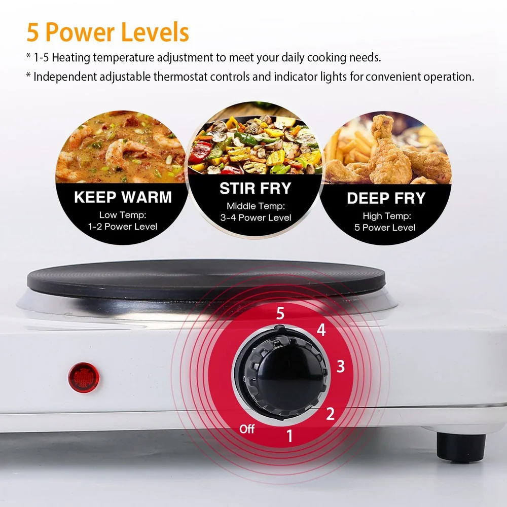 Electric stovetop with adjustable thermostat, featuring 5 power levels for versatile cooking, including options for keeping warm, stir-frying, and deep frying.