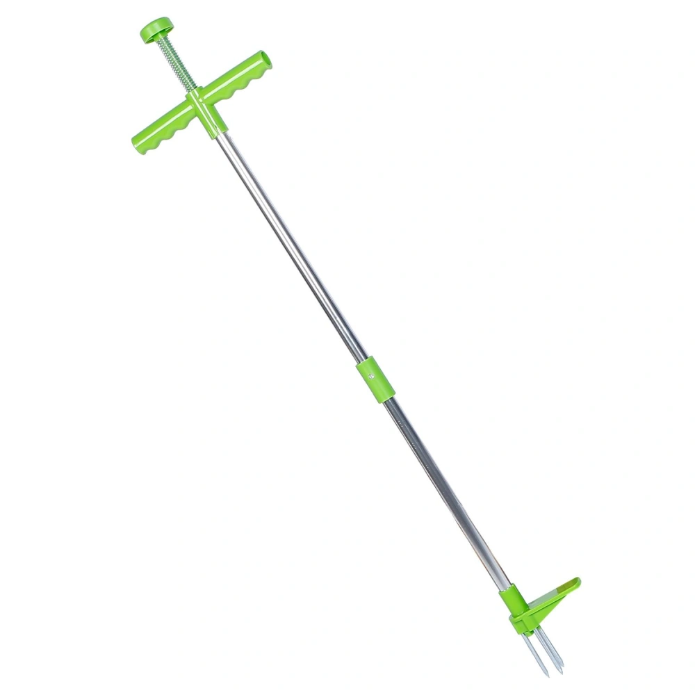Stainless steel garden weeder tool with green ergonomic handle for easy soil penetration and weed removal.
